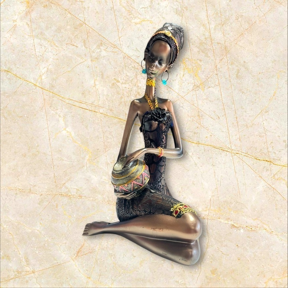 African Woman Figurine Hand Painted Tribal Culture Sculpture 10.5" Decor - Picture 8 of 14